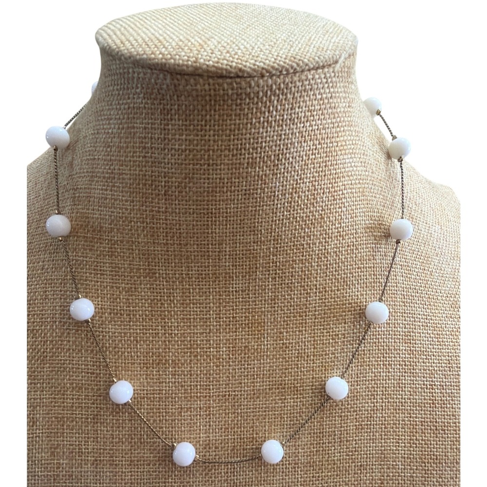 White Round Bead Gold Tone Station Necklace Minimalist Layering Bridal